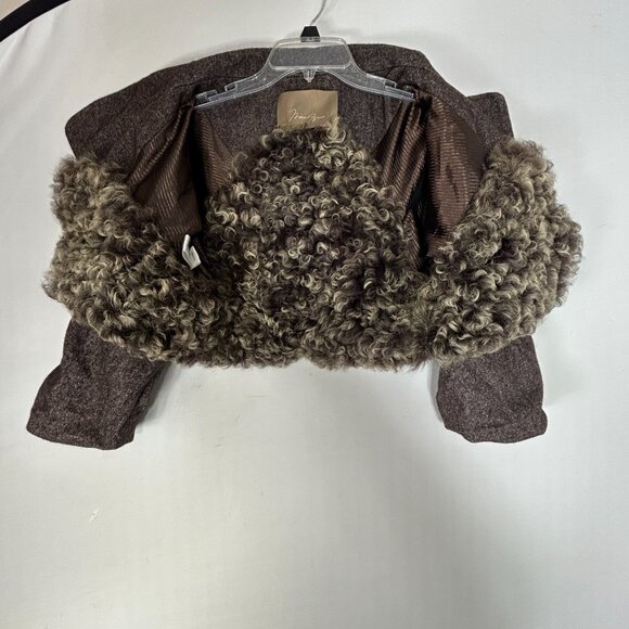 Max Azria BCBG ladies Lamb Fur Shrug XS Brown Coat Capsule Virgin Wool vtg tweed - Picture 3 of 13